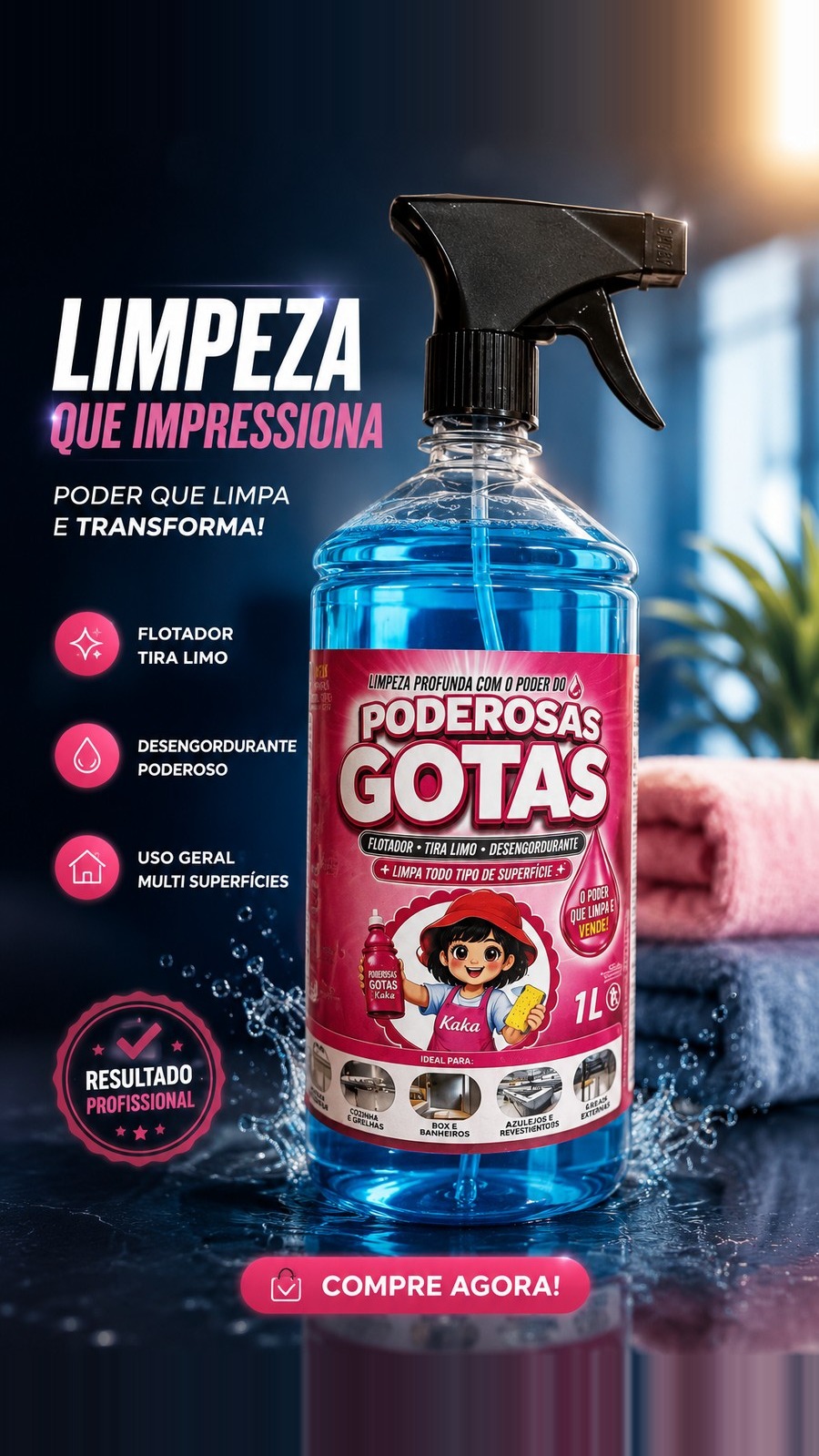 Poderosas Gotas Kaká, flotador e desengordurante multiuso
