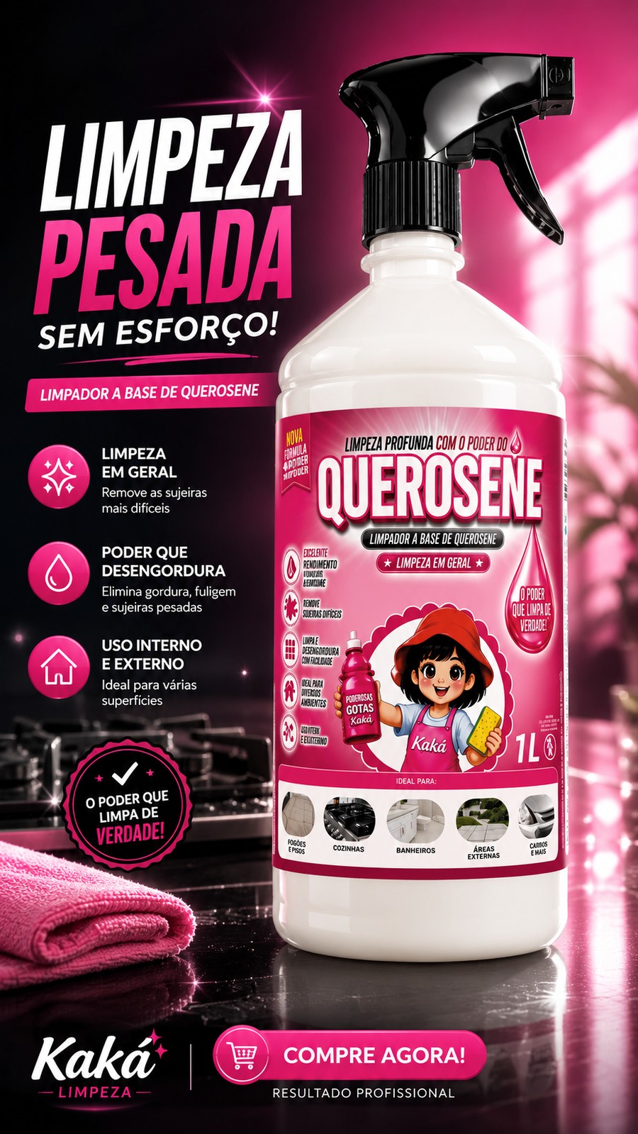 Querosene Kaká, limpador à base de querosene para limpeza pesada